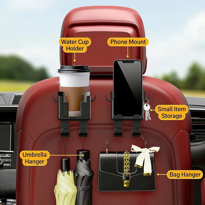 Car Seat Backrest Storage Rack with Cup Holder and Hooks | Space-Saving Car Organizer