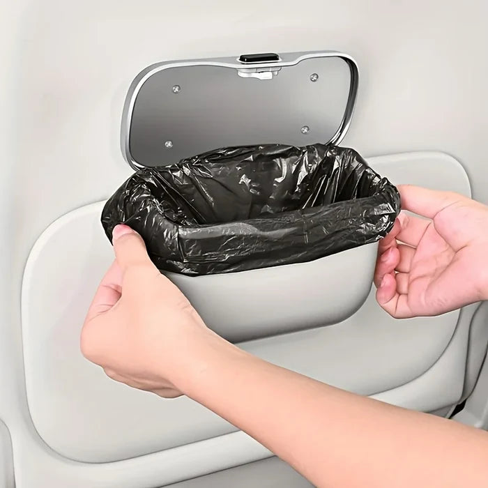 Car Trash Can with Lid Button | PU Leather Hanging Auto Interior Organizer