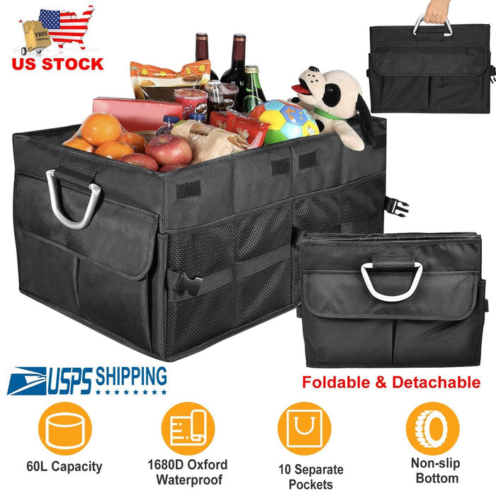 Car Trunk Organizer Collapsible Multi-Compartments Storage Cargo Box/ Cover Nonslip Bottom