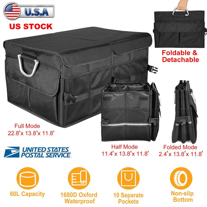 Car Trunk Organizer Collapsible Multi-Compartments Storage Cargo Box/ Cover Nonslip Bottom
