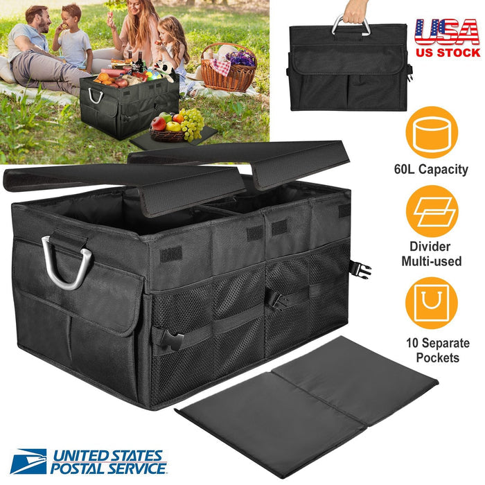 Car Trunk Organizer Collapsible Multi-Compartments Storage Cargo Box/ Cover Nonslip Bottom