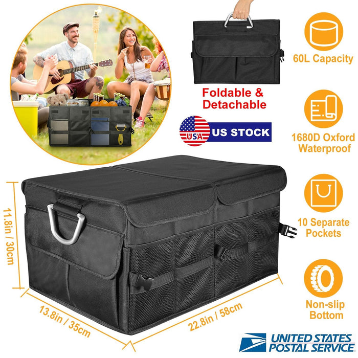 Car Trunk Organizer Collapsible Multi-Compartments Storage Cargo Box/ Cover Nonslip Bottom