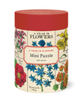 cylindrical puzzle box with floral design and 'A Year in Flowers' text