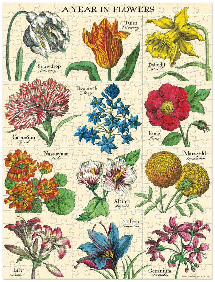 Cavallini & Co. A Year in Flowers 240 Piece Mini Puzzle- finished puzzle illustration of flowers corresponding to each month of the year on a grid.