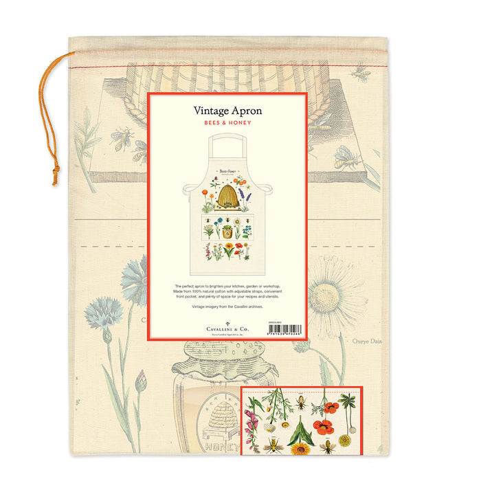 Bees & Honey cotton apron is a collage of hives, bees, and and assortment of favorite flowers ready for pollinating.