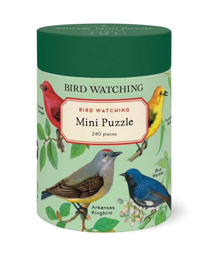 Bird-themed mini puzzle packaging with illustrations of birds on a green background