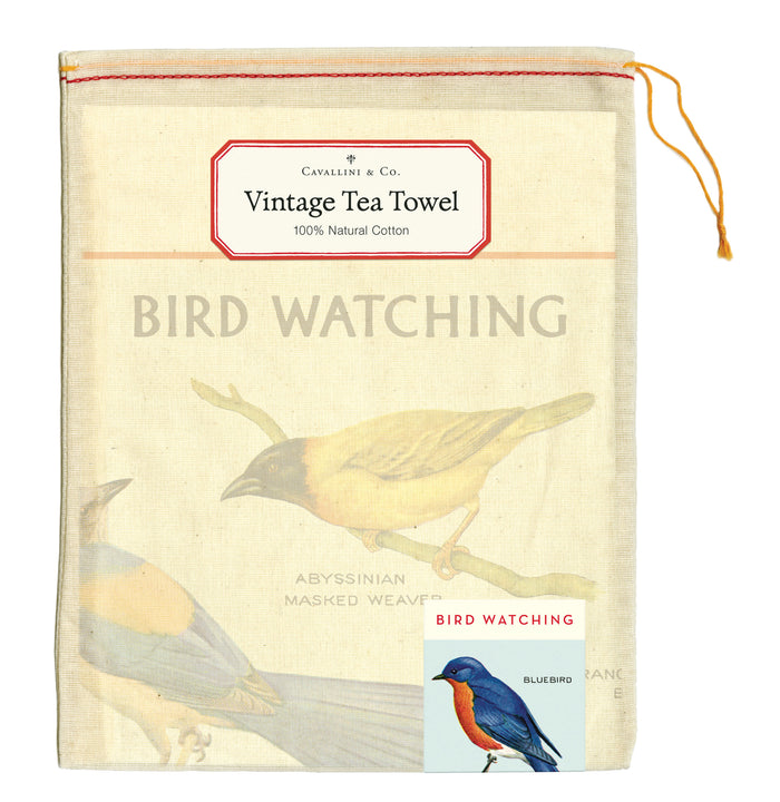 Cavallini & Co. Bird Watching Cotton Tea Towel muslin bag front image