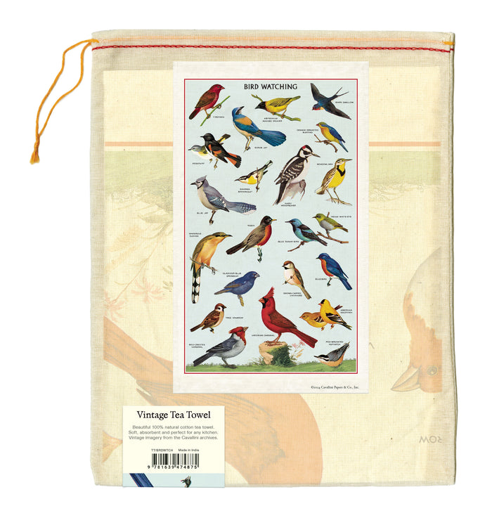 Cavallini & Co. Bird Watching Cotton Tea Towel muslin bag back image