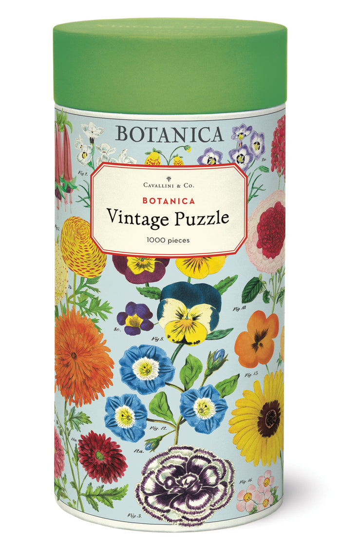 Cavallini & Co. Botanica 1000 Piece Puzzle- image shows Botanica vintage puzzle packaging with floral design and green lid