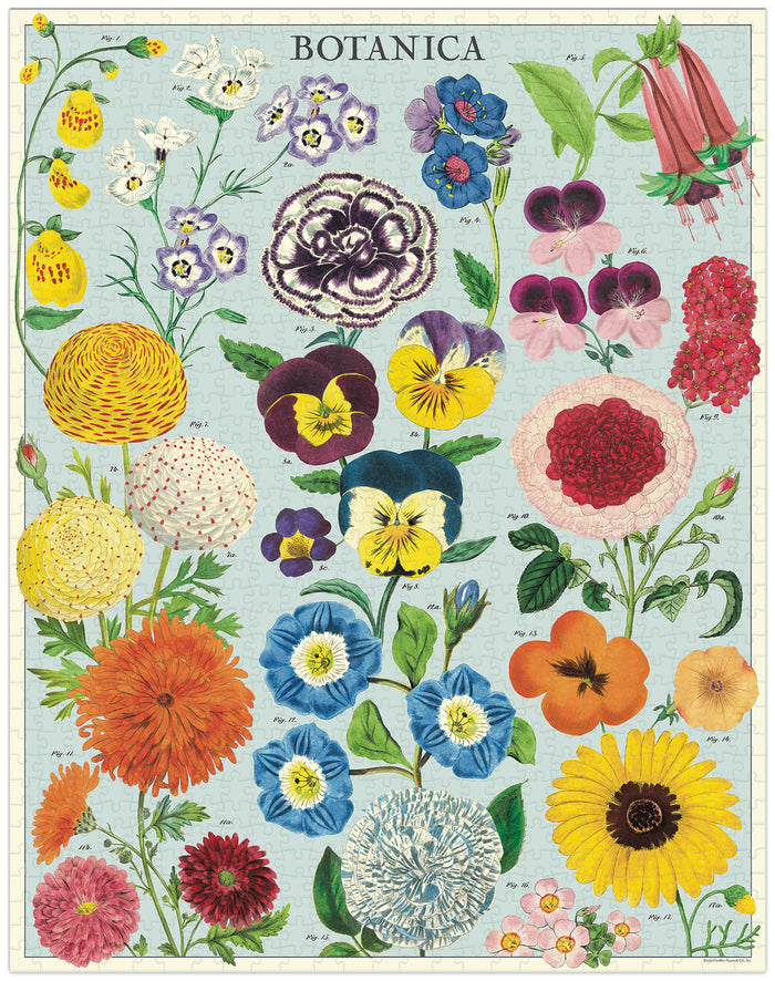 Cavallini & Co. Botanica 1000 Piece Puzzle- finished puzzle Illustration of various flowers with a 'Botanica' label on a light blue background