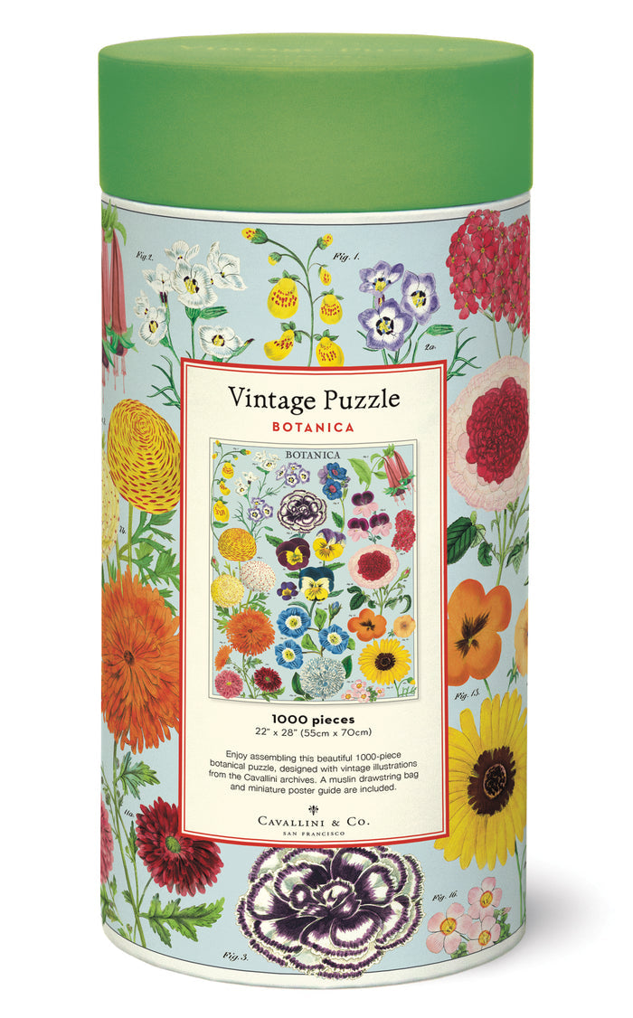 Cavallini & Co. Botanica 1000 Piece Puzzle- image showing floral-patterned cylindrical puzzle box with a green lid