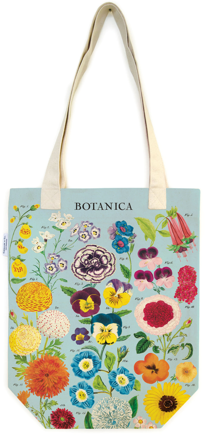 Tote bag with floral design and 'BOTANICA' branding on a light blue background
