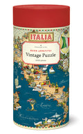Cavallini & Co. Buon Appetito! 1000 Piece Puzzle packaging showing  cylindrical puzzle box with Italian map design and red lid