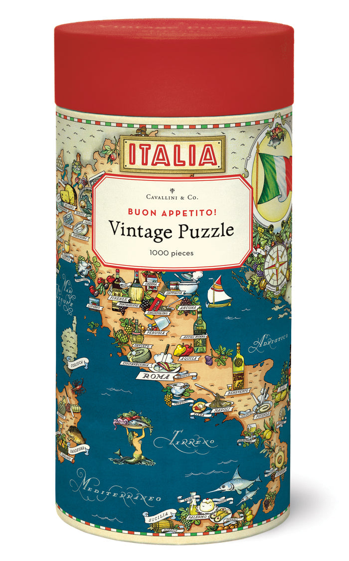 Cavallini & Co. Buon Appetito! 1000 Piece Puzzle packaging showing  cylindrical puzzle box with Italian map design and red lid