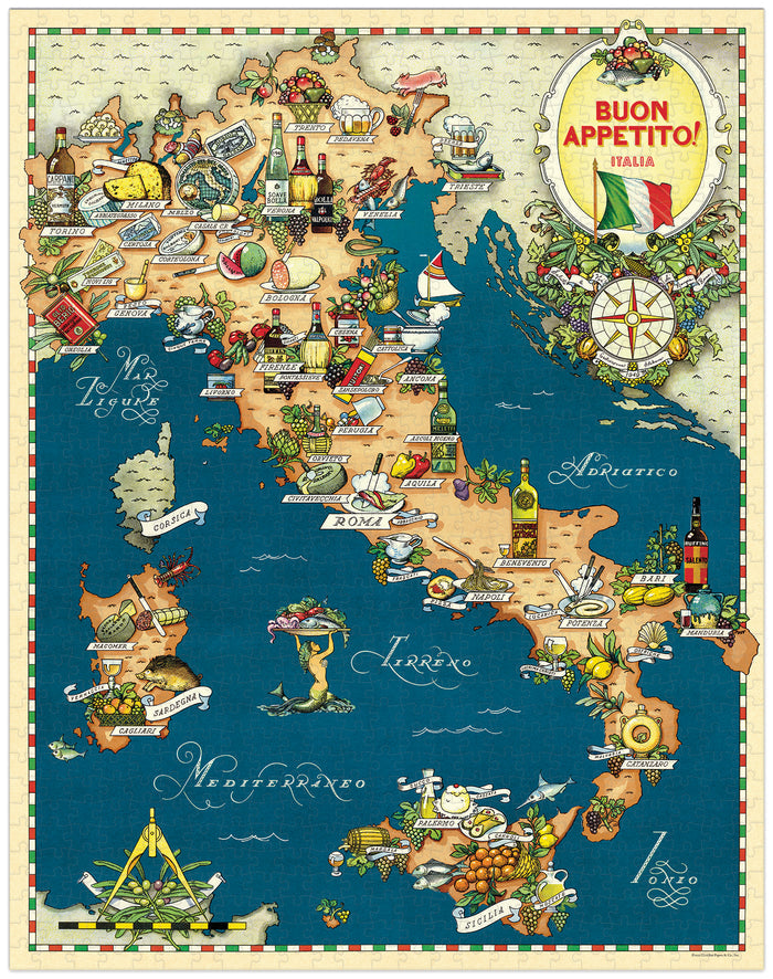 Cavallini & Co. Buon Appetito! 1000 Piece Puzzle- a food map of Italy with various food items and landmarks, featuring 'Buon Appetito!' text.