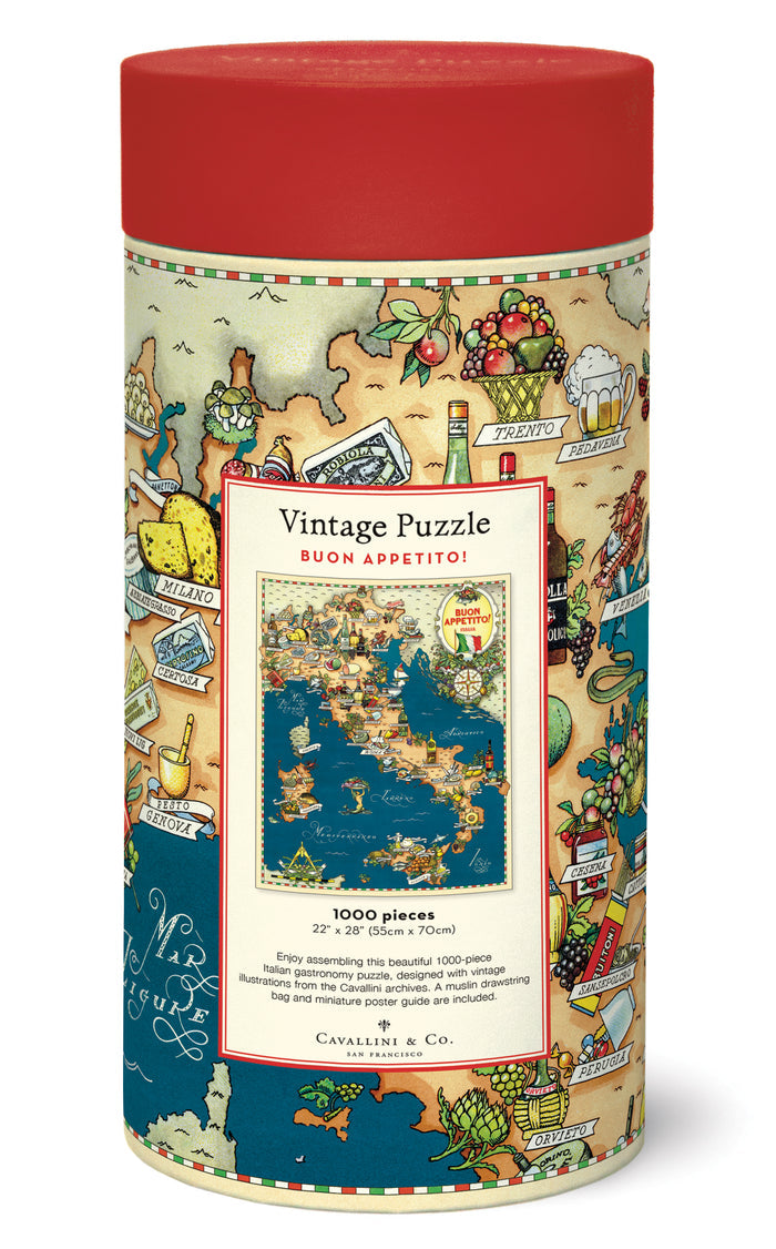 Image of back of packaging- a cylindrical puzzle box with vintage map design and red lid