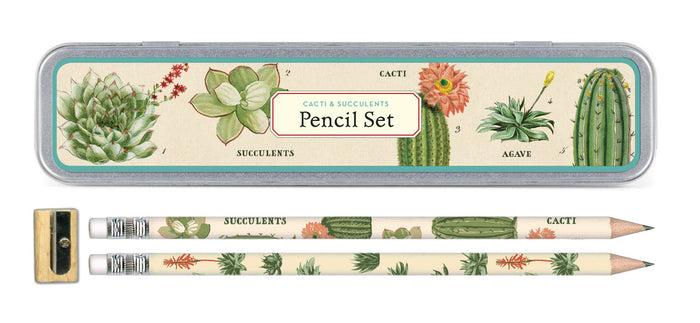 Cavallini & Co. Cacti & Succulents pencil set comes packaged in a reusable tin. Set of ten pencils, 5 of each design comes with a sharpener.