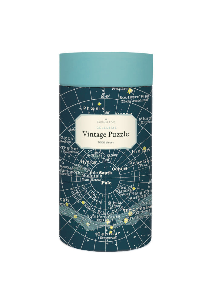 Cavallini & Co. Celestial 1000 piece puzzle features their ever-popular Celestial Chart Decorative Paper, a vintage star chart complete with maps of the northern and southern hemispheres.