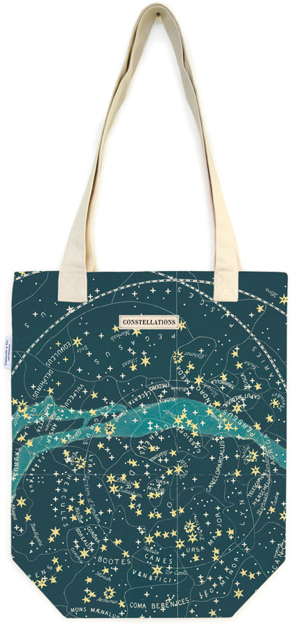 Celestial Tote Bag features a universe of stars and constellations on a dark blue background.