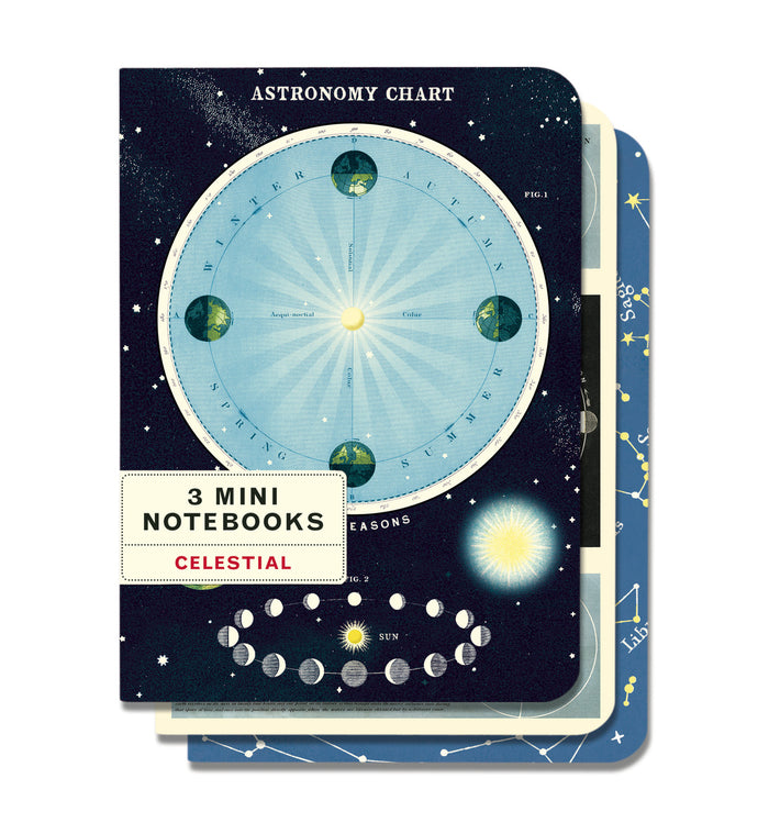 Cavallini & Co. Celestial Mini Notebook Set is new for 2020. There are three high quality notebooks featuring diagrams and drawings of moon phases, tide theory, eclipses, constellations, and astronomy chart.