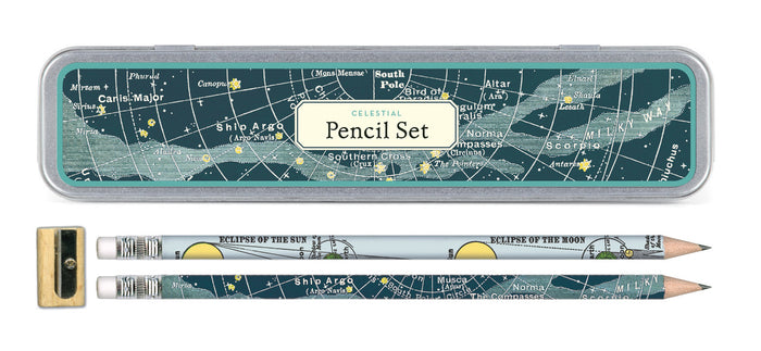 Cavallini & Co. Celestial Pencil Set comes packaged in a reusable tin. Set of ten pencils, 5 each of two designs; comes with a sharpener.