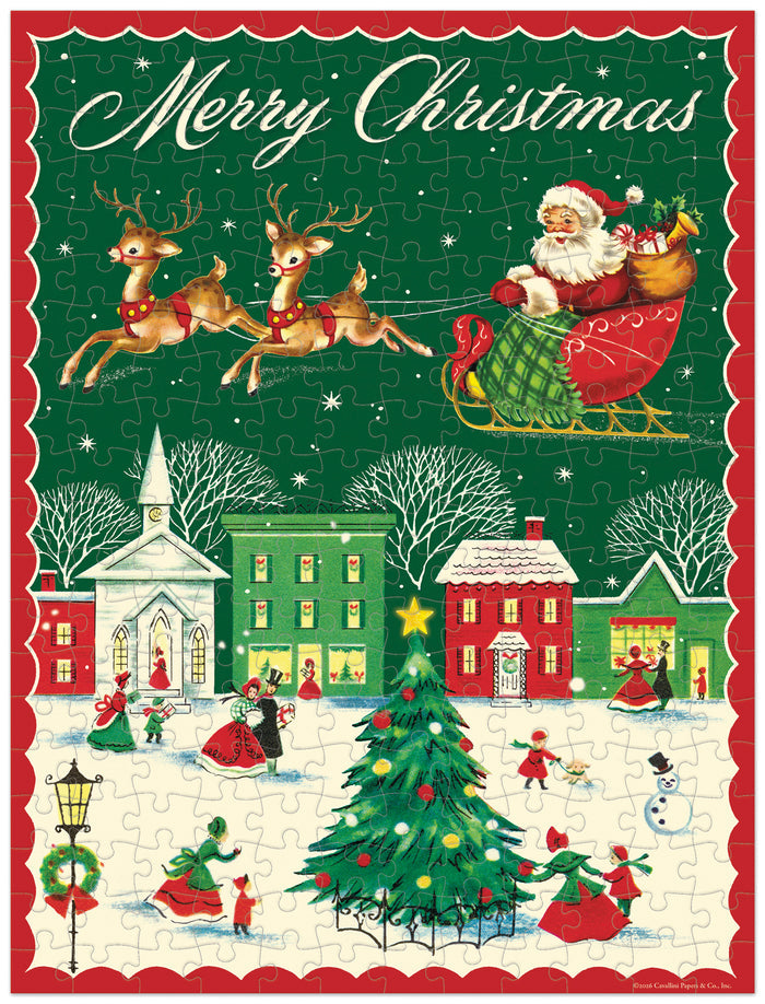 Cavallini & Co. Christmas 240 Piece Mini Puzzle- finished puzzle image of Santa in his sleigh with reindeer flying over housetops