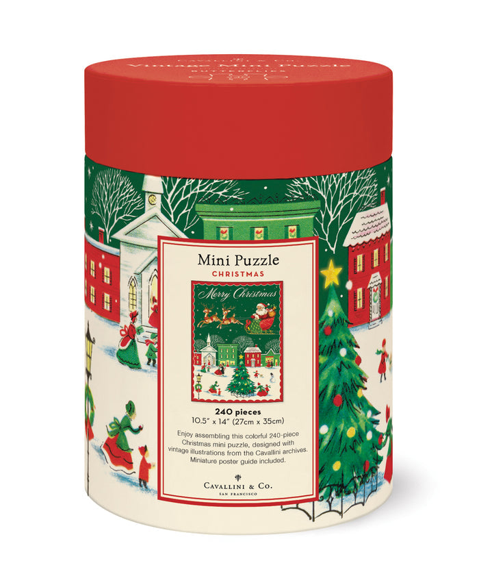 Cavallini & Co. Christmas 240 Piece Mini Puzzle- cylindrical puzzle box with Christmas-themed design on a white background