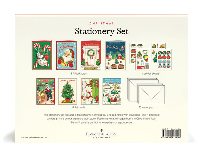 Cavallini & Co. Christmas Stationery Set- back cover of packaging showing contents
