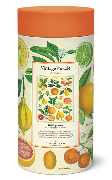 All Cavallini & Co. puzzles are packaged in a 10 inch long cardboard tube, with puzzle pieces safely stored in a muslin bag inside.