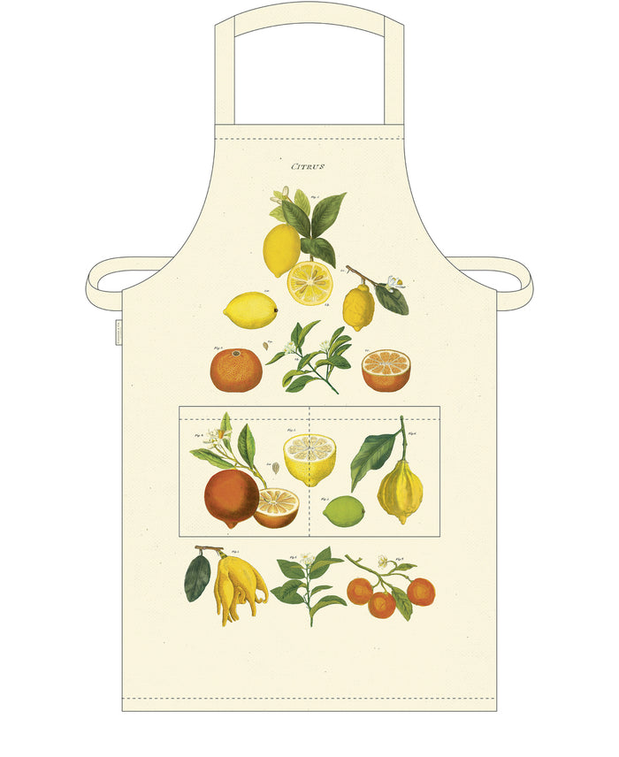 Lemons, limes, oranges, and tangerines are among the citrus fruits featured on Cavallini's Citrus Apron.