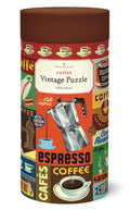Coffee-themed vintage puzzle packaging with coffee-related graphics on a white background