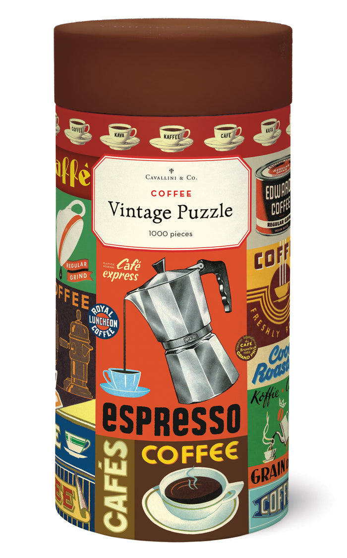 Coffee-themed vintage puzzle packaging with coffee-related graphics on a white background