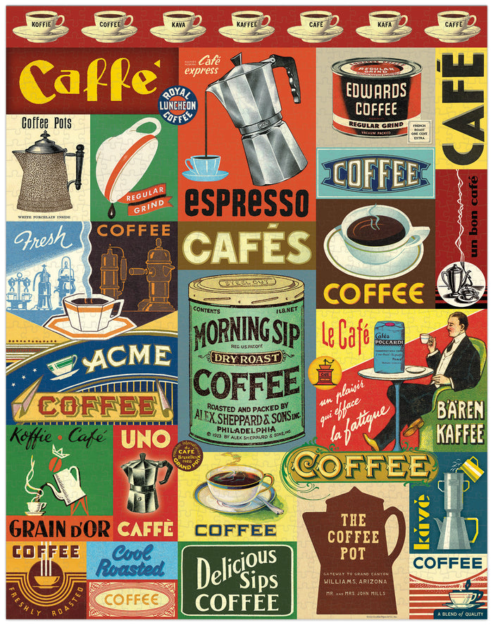 Cavallini & Co. Coffee 1000 Piece Puzzle- a Collage of vintage coffee advertisements with different fonts and styles.