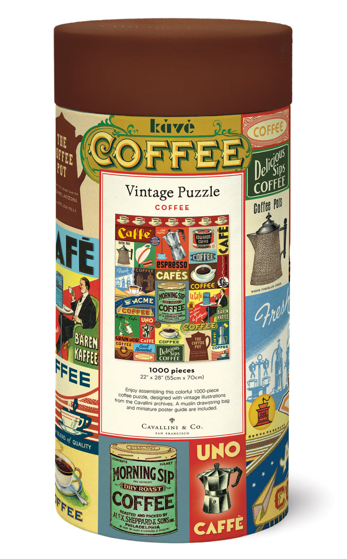 Vintage coffee-themed puzzle packaging with colorful graphics on a white background