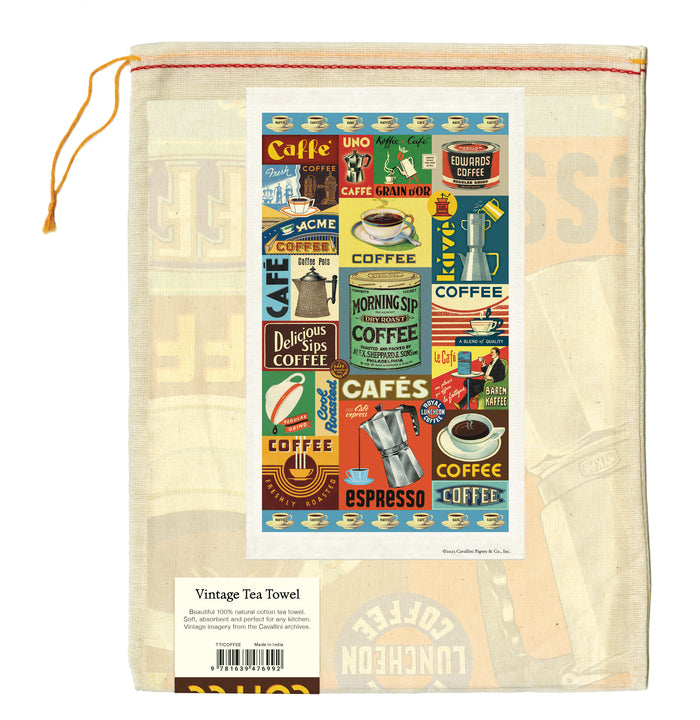 Vintage-themed tea towel with coffee graphics on a white background