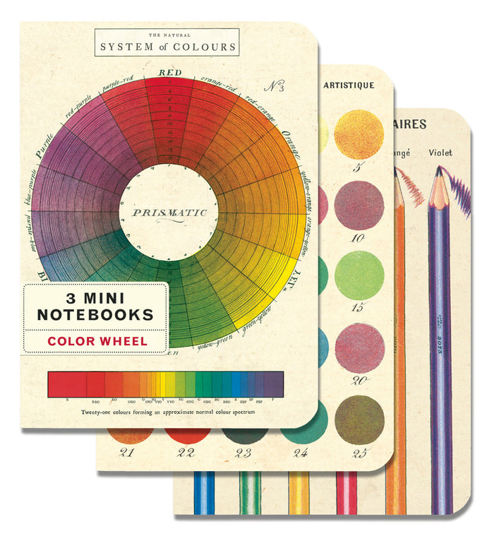 Three cover styles are featured on Cavallini's Color Wheel mini notebook set.