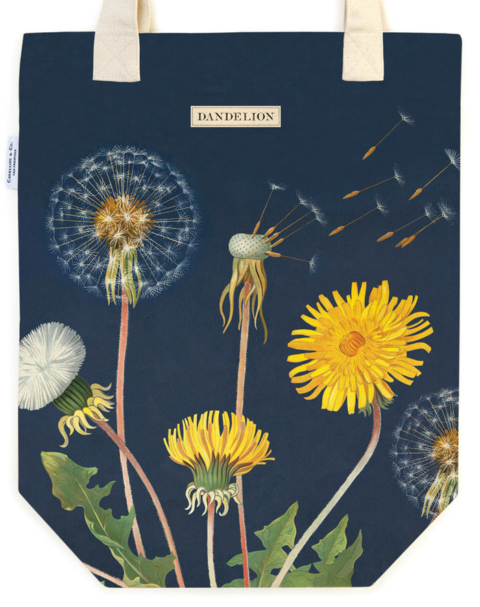 Dandelion Vintage Tote Bag features features beautiful vintage botanical imagery of dandelions in different stage of growth and bloom.