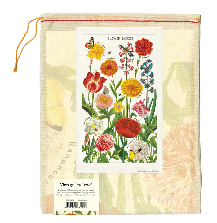 Cavallini & Co. Flower Garden Tea Towel  features large images of beautiful, brightly colored garden flowers- tulips, marigolds, hyacinth, dianthus and more. The perfect way to bring color into your kitchen.