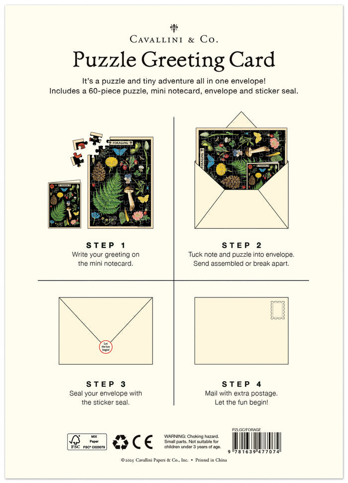 Cavallini & Co. Foraging Puzzle Greeting Card back of card showing step by step instructions for use