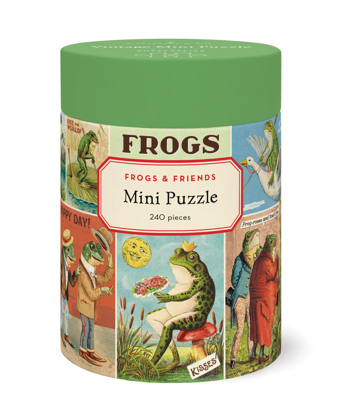 Cavallini & Co. Frogs & Friends 240 Piece Mini Puzzle comes in a cylindrical puzzle box with frog illustrations on a white background