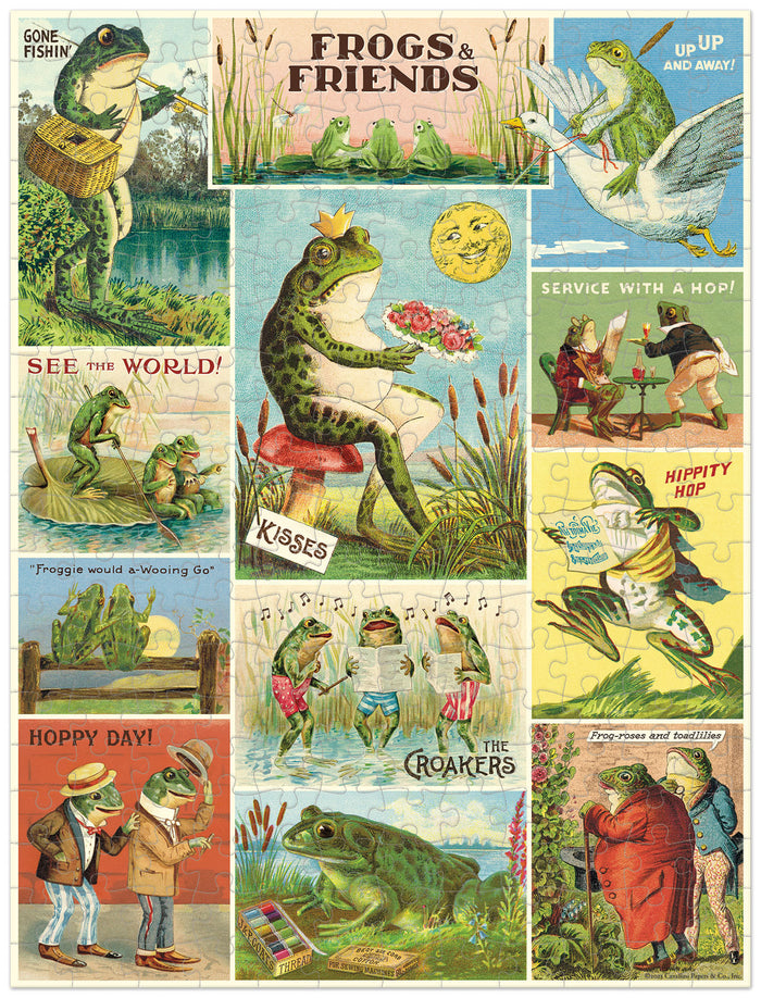 Cavallini & Co. Frogs & Friends 240 Piece Mini Puzzle finished puzzle- a collage of vintage-style frog-themed illustrations with text and images.