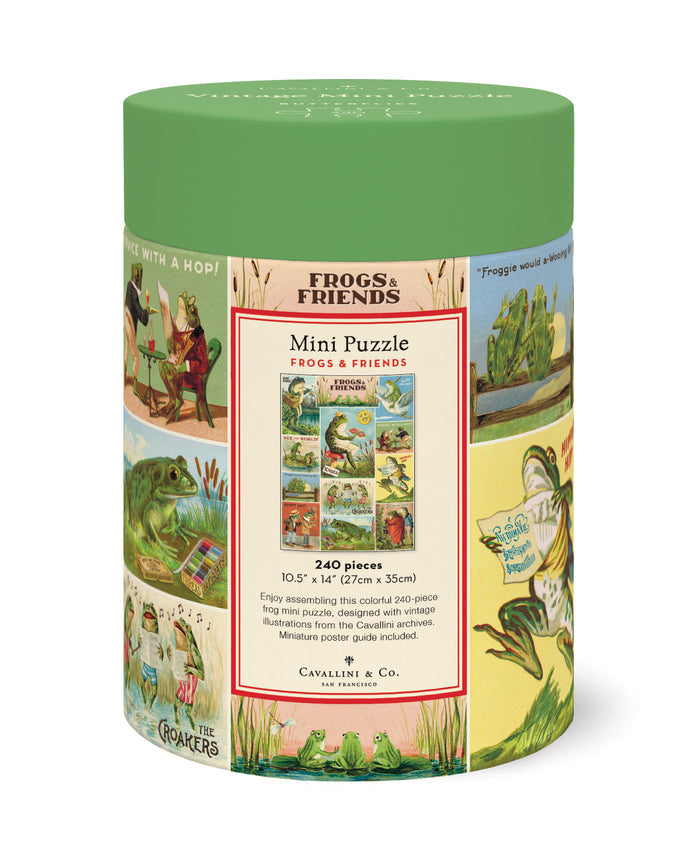 Cylindrical puzzle box with frog-themed illustrations on a white background