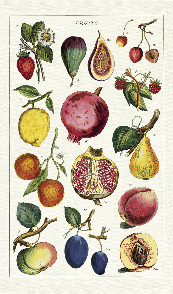 What kitchen doesn't deserve a display of colorful fruits- pomegranates, figs, plums, lemons, and peaches adorn this tea towel. Keep fresh fruit in your kitchen year- round with the Fruit Cotton Tea Towel?