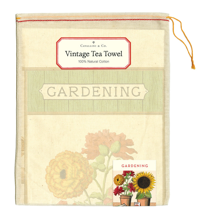 Cavallini & Co. Gardening Tea Towel features plenty of lowers, along with watering cans, a wheel barrow, shovel, and other tools you will need to grow your summer bounty.