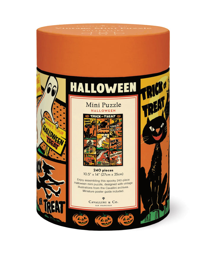 Cavallini & Co. Halloween 240 Piece Mini Puzzle back of cylindrical puzzle box