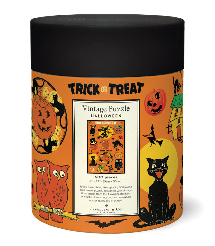 Cavallini & Co. Halloween 500 Piece Puzzle- image of back of package.  The orange label features classic Halloween illustrations including pumpkins, a black cat in a yellow moon, an owl, and the text 'TRICK OR TREAT' and 'Vintage Puzzle HALLOWEEN'.
