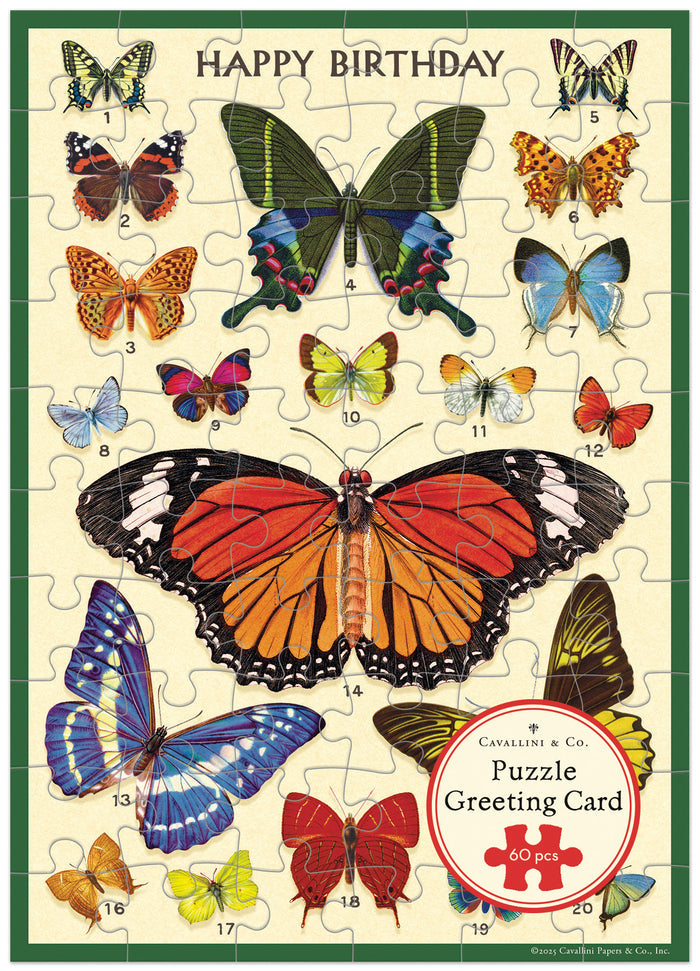 Cavallini & Co. Happy Birthday Butterflies Puzzle Greeting Card- featuring the text 'Happy Birthday'