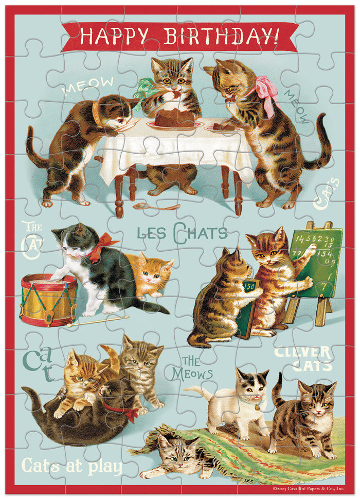 Jigsaw puzzle greeting card with vintage-style illustration of cats at play and 'Happy Birthday!' text.
