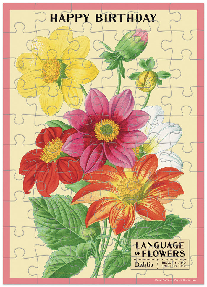 Cavallini & Co. Happy Birthday Language of Flowers Puzzle Greeting Card- Floral puzzle greeting card with colorful flowers and 'Happy Birthday' text on a beige background