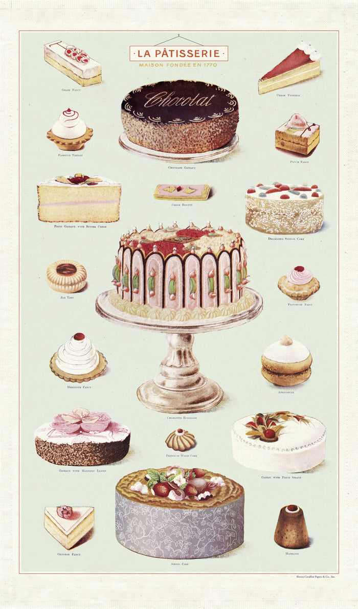Tarts, biscuits, gateaux, cake, and yes- madelines!  Bring a French bakery to your kitchen with Cavallini's La Patisserie Cotton Tea Towel.